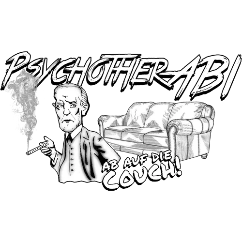Illustration eines alternden Therapeuten mit Zigarette, Text 'PSYCHOTHERABI' und 'AB AUF DIE COUCH!'