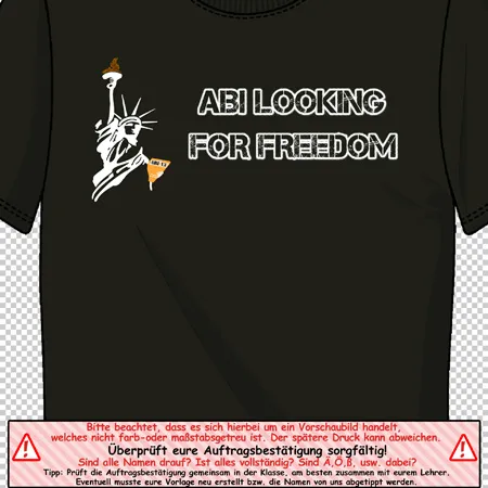 Schwarzes T-Shirt mit der Aufschrift "ABI LOOKING FOR FREEDOM" und einer Freiheitsstatue, die eine Wunderkerze hält.