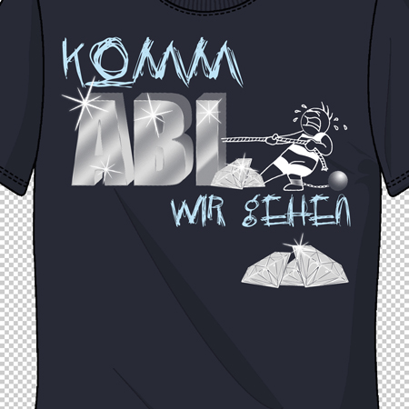 Schwarzes T-Shirt mit "KOMM ABL WIR GEHEN" und Comicfigur, die Diamanten schiebt.
