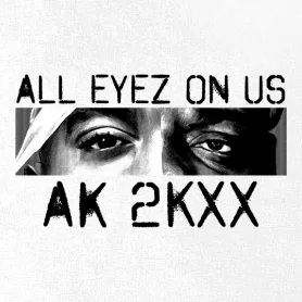 Schwarz-Weiß-Bild zweier Augenpartien mit Schriftzug "ALL EYEZ ON US" oben.