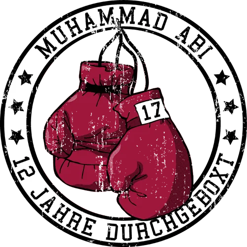 Illustration von roten Boxhandschuhen mit der Nummer 17, umgeben von einem runden Textbanner.