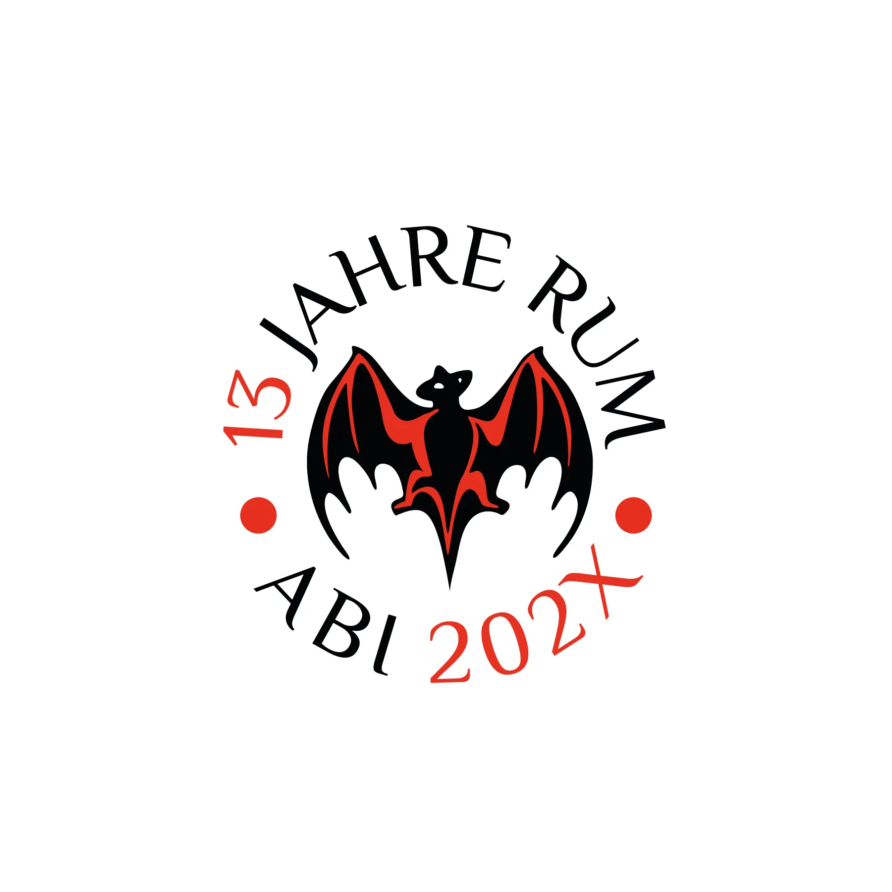 Logo mit schwarzer roter Fledermaus und kreisfoermigem Schriftzug 13 Jahre RUM oben und ABI 202X unten
