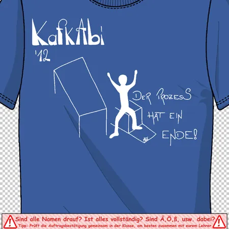 Blauer Abschluss-T-Shirt Entwurf mit der Aufschrift "KafkaAbi '19", Darstellung einer springenden Person und Text "Der Prozess hat ein Ende!"