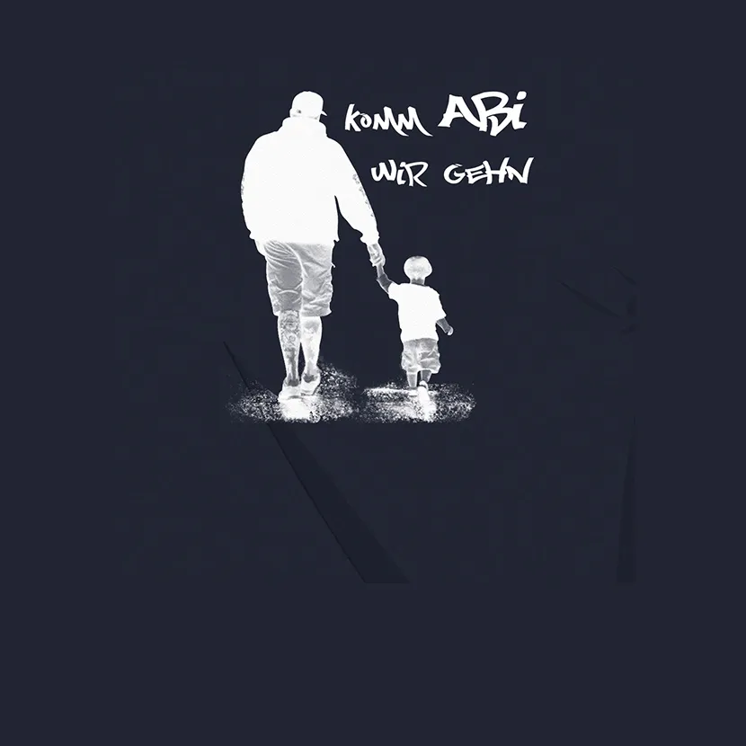 Erwachsener und Kind, in weißer Silhouette, halten Hände auf dunklem Hintergrund.