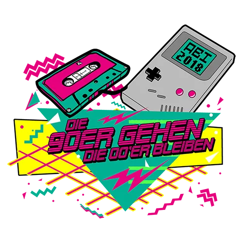 Grafik mit einem Kassettentape und einem Handheld-Spielgerät im 80er Stil, Text "Die 90er gehen die 80er bleiben".