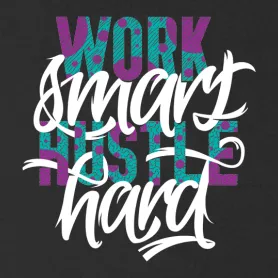 Grafik mit den Wörtern "WORK HUSTLE" in bunten, gemusterten Buchstaben.