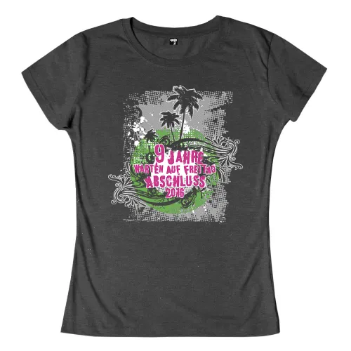 Grafisches T-Shirt Design: "9 Jahre warten auf Freitag, Abschluss 2016" auf grauem Hintergrund.