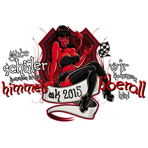 Illustration eines roten Teufels mit Schülerelementen und Text "Abi 2015" auf dunklem Hintergrund.