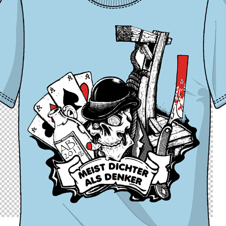 Illustration eines Skeletts mit Hut, das Kulturartikel wie Bücher, Spielkarten und eine Guillotine hält.