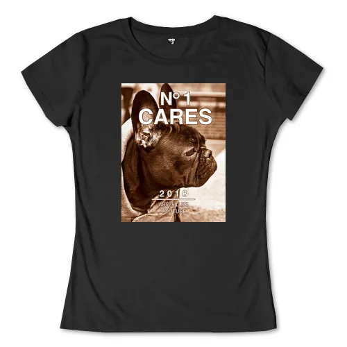 Profilansicht einer französischen Bulldogge in Sepia, Datum 2017 und Text "NO1 CARES" darüber.