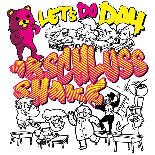 Illustration verschiedener Cartoon-Charaktere, die um einen Tisch feiern, mit dem Text "Abschluss Shake".