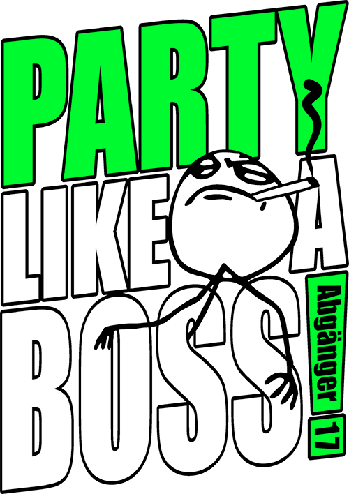 Illustration einer Comicfigur mit Sonnenbrille und der Text 'PARTY LIKE A BOSS' auf blauem Hintergrund.