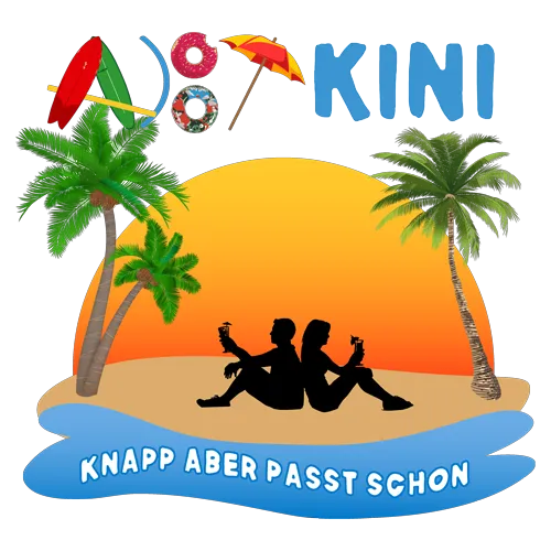 kreatives Logo mit Palmen, Sonnenuntergang und zwei Silhouetten auf einer Insel.
