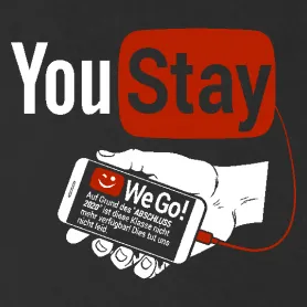 Rotes Logo mit dem Wort "Stay" und einem kleinen lächelnden Gesicht, das per Linie verbunden ist.