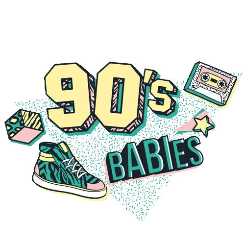Farbenfrohes Motiv mit Text "90's Babys", Kassette, Sneaker und Stern auf mintgrünem Hintergrund.