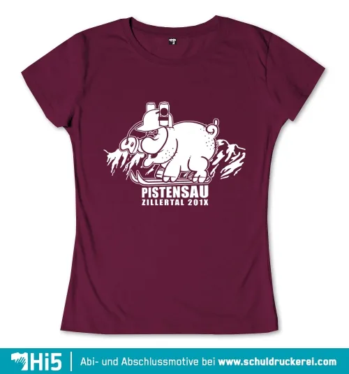 t-Shirt-Design eines Skifahrenden Schweins mit Aufschrift 'PISTENSAU ZILLERTAL 201X'.