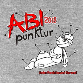 Graues T-Shirt mit Aufdruck einer cartoonartigen Fliege, "ABI 2018" und "Punktur" in Rot. Text: "Jeder Punkt kostet Nerven!".