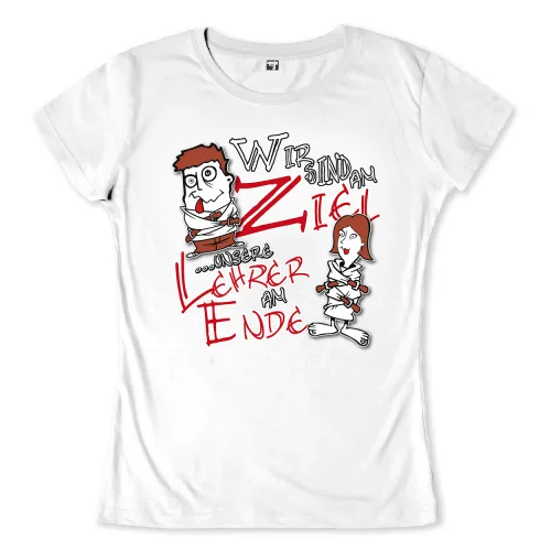 Zeichnung zweier karikierter Lehrerfiguren mit dem Text "Wir sind am Ziel! Unsere Lehrer am Ende".