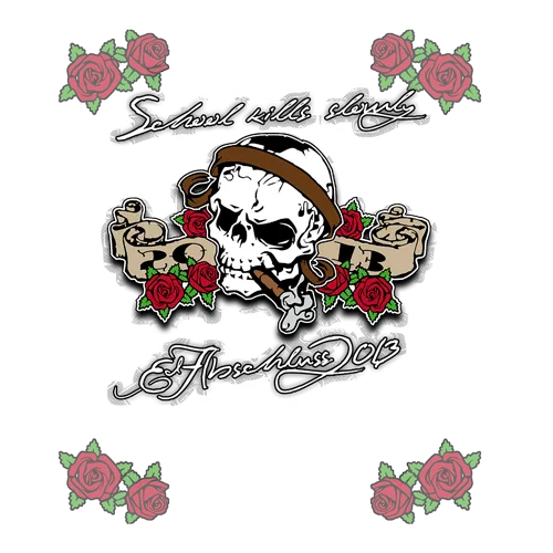 Grafik mit Totenkopf, umringt von roten Rosen und Bannern mit Text 'Schulabschluss 08' auf dunklem Hintergrund