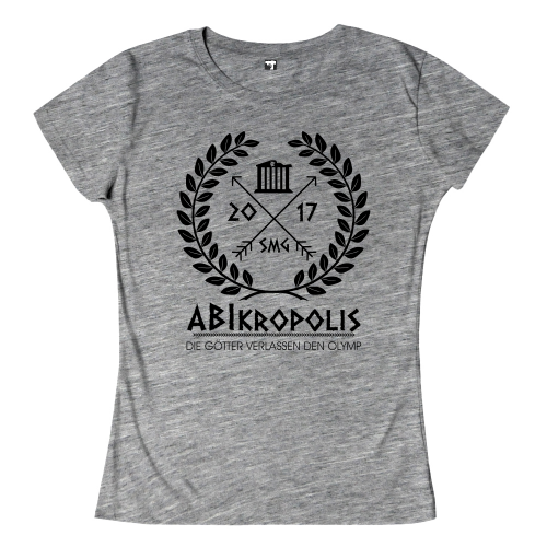 Logo mit Lorbeerkranz, Tempel, kreuzenden Pfeilen und den Zahlen 2017, Text "Abikropolis Die Götter verlassen den Olymp".