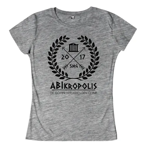 Logo mit Lorbeerkranz, Tempel, kreuzenden Pfeilen und den Zahlen 2017, Text "Abikropolis Die Götter verlassen den Olymp".