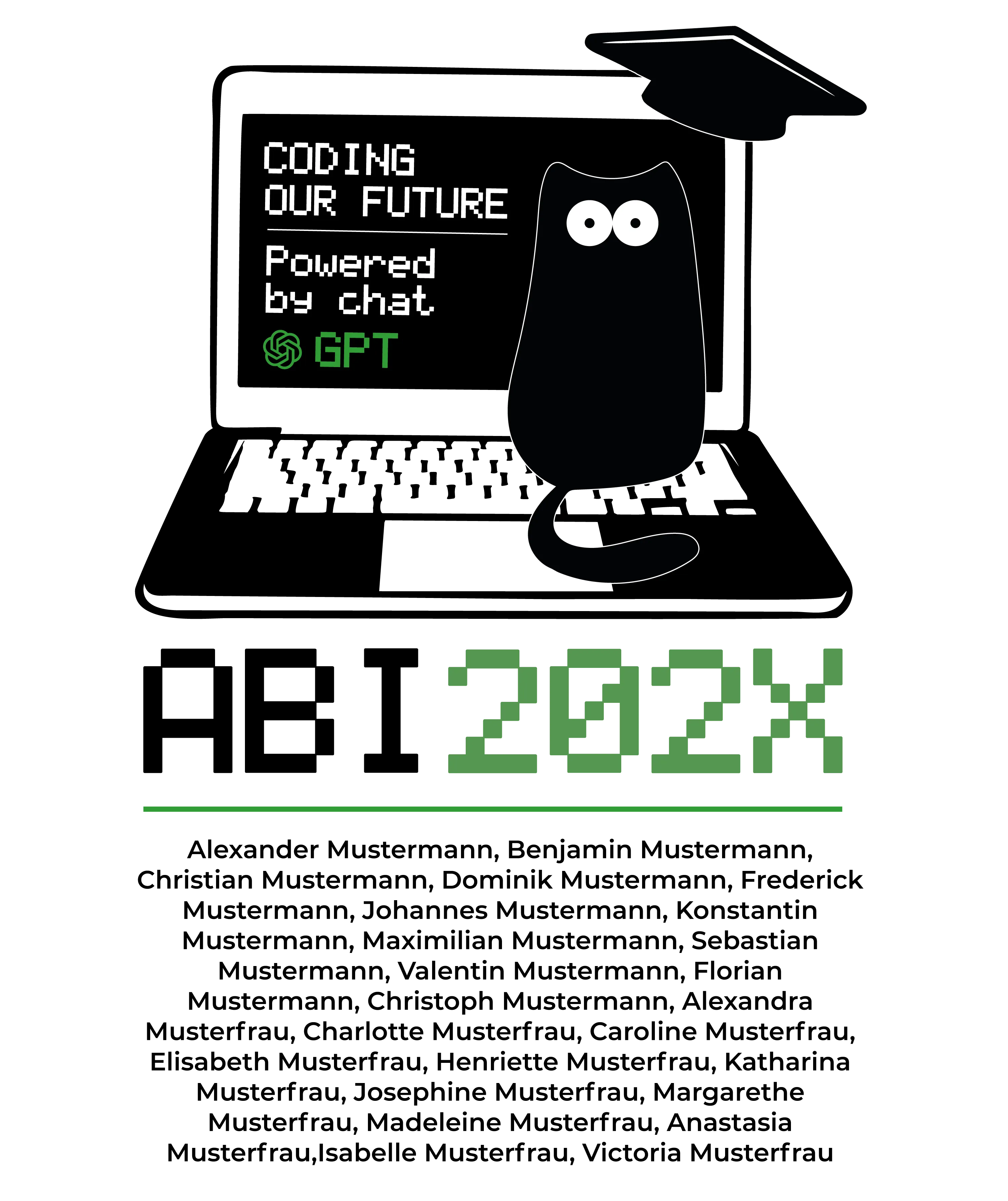 Schwarzer Hintergrund mit weißer Katzenfigur mit runden Augen und Doktorhut darüber Schriftzug CODING OUR FUTURE Powered by chat GPT und grüne 202X