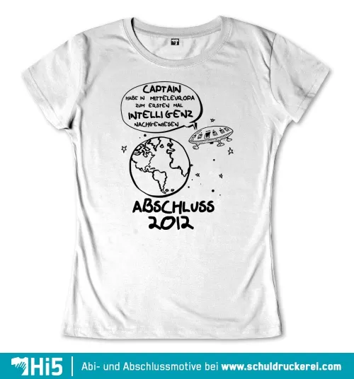 Comicartiges T-Shirt-Design mit UFO, Weltkarte und Text "Abschluss 2012".