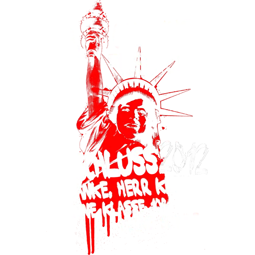 Schwarzes T-Shirt-Design mit roter Silhouette der Freiheitsstatue und weißem Text 'Er gab uns die Freiheit, Abschluss 2012, Danke, Herr Klein, Deine Klasse 4b, Deine Schule'.