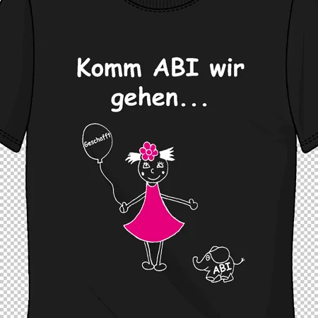 Schwarzes T-Shirt mit Aufdruck "Komm ABI wir gehen...", Zeichnung eines Mädchens und eines Elefanten.