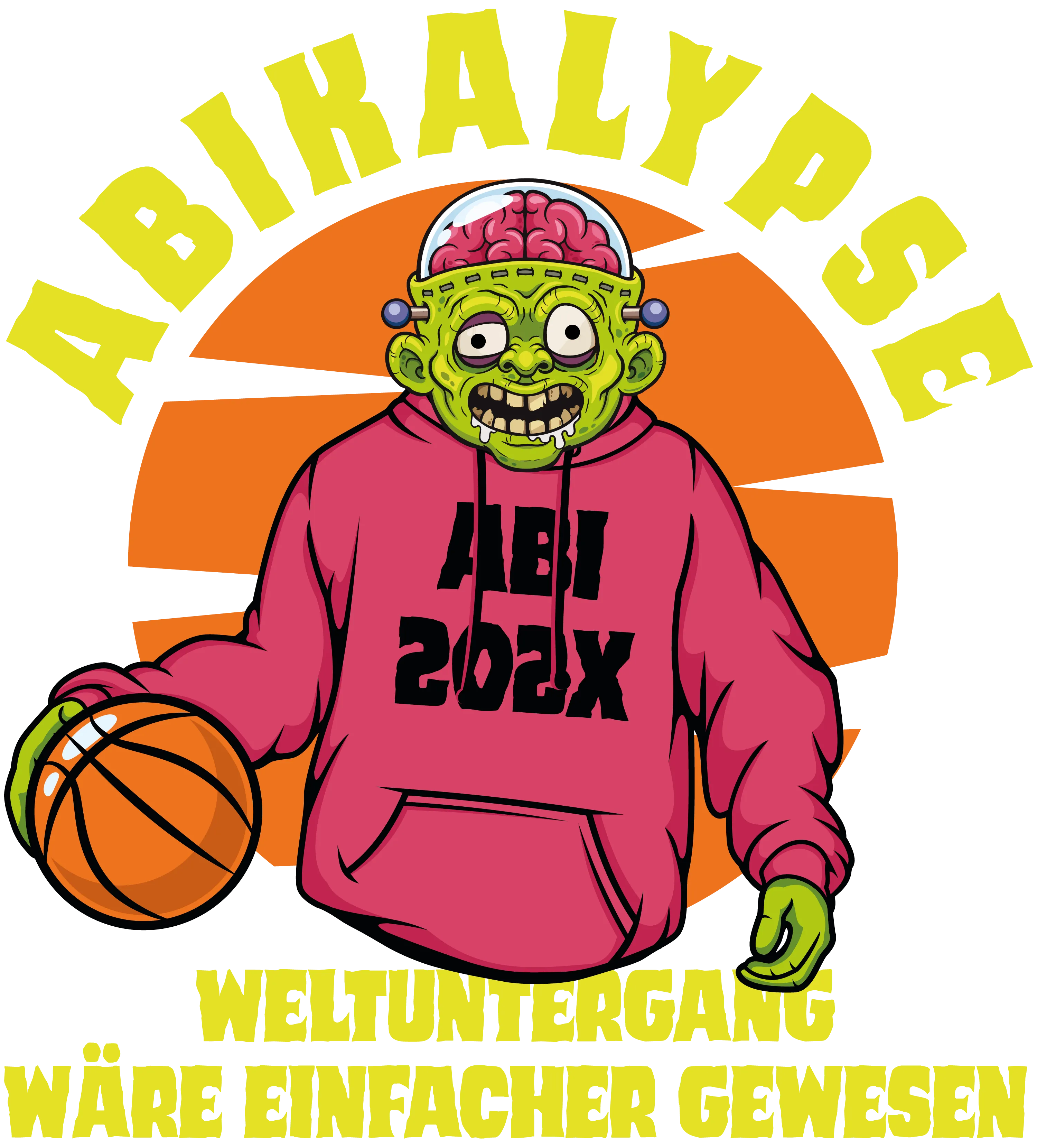 Gruene Zombiefigur mit offenem Gehirn im Helm und pinkem Hoodie ABI 202X haelt Basketball vor orange Halbkreis und gelben Schriftbannern oben unten