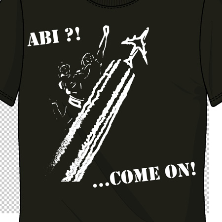 Schwarzes T-Shirt mit weißem Aufdruck eines Skiläufers und Text 'ABI?! ...COME ON!'