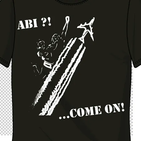 Schwarzes T-Shirt mit weißem Aufdruck eines Skiläufers und Text 'ABI?! ...COME ON!'