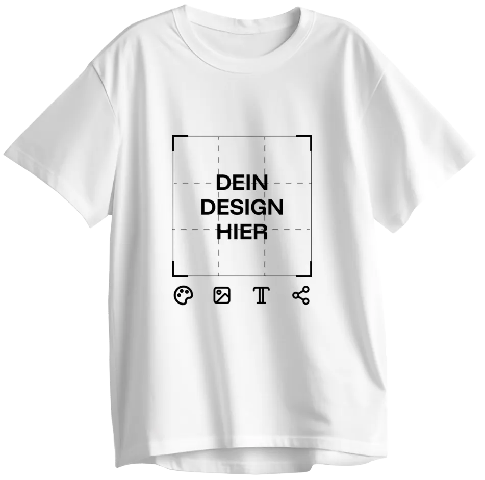 Vorderansicht eines weissen Tshirts mit schwarzem Rahmen und Text DEIN DESIGN HIER im Quadrat und vier Symbolen fuer Palette Bild Text Teilen darunter