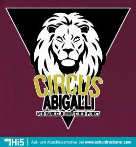 Schwarzer Löwenkopf im Dreieck mit Text "CIRCUS ABIGALLI" und Motto in Gelb.