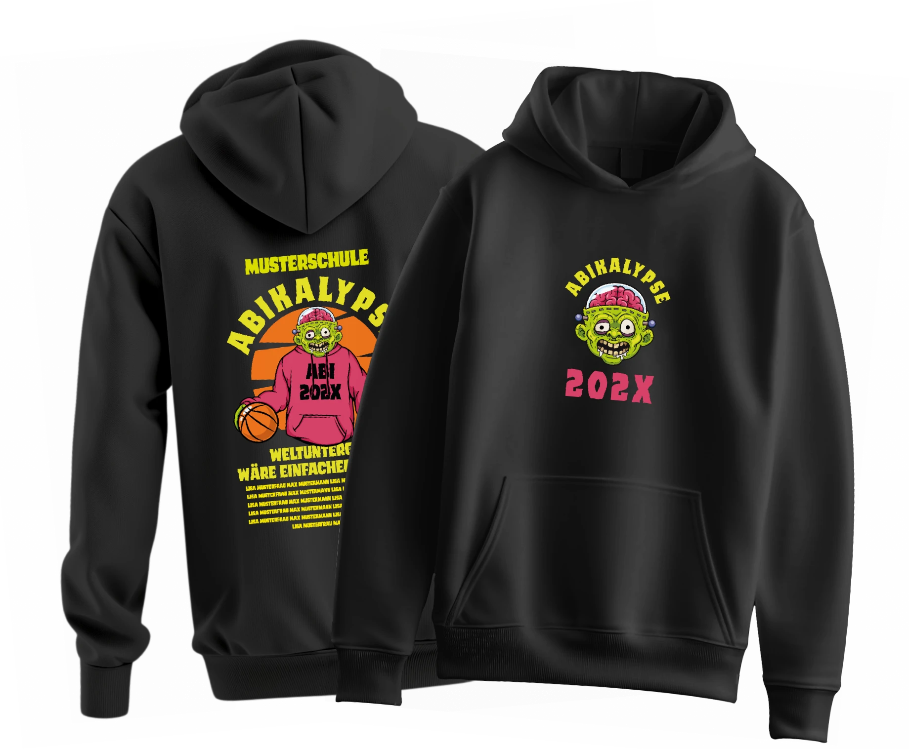 Zwei schwarze Kapuzenpullover mit buntem Cartoon-Zombiekopf und Beschriftung Abikalypse 202X vorne und hinten