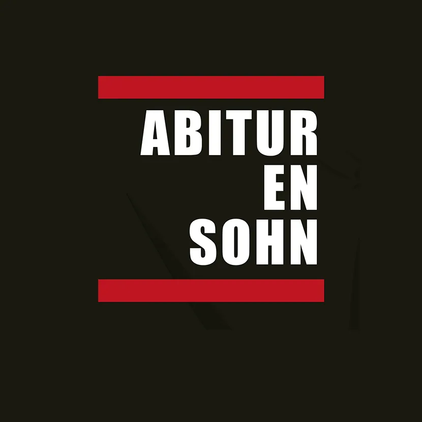 Dunkelgrüner Hintergrund mit den Worten "ABITUR EN SOHN" in Weiß und einem roten Balken.