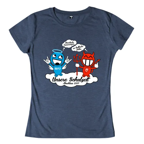 Zwei Cartoon-Charaktere, einer blau und einer rot, auf grauem Hintergrund, Text "Unsere Schulzeit Abschluss 2017".
