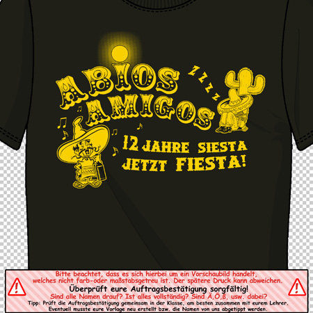 Schwarzes T-Shirt mit gelbem "Adios Amigos" Motiv und Kaktusgrafik.