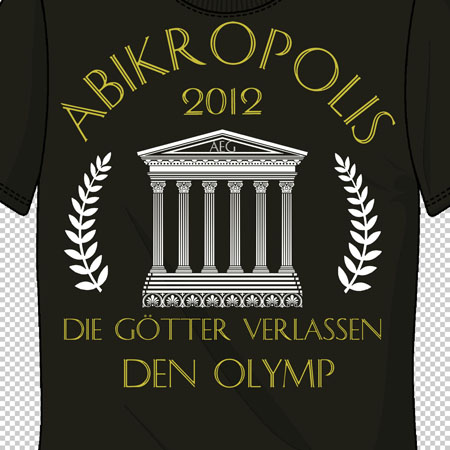 Schwarzes T-Shirt mit weißem Aufdruck einer antiken Säule, umgeben von Lorbeerzweigen und dem Text "ABIKROPOLIS 2012 - DIE GÖTTER VERLASSEN DEN OLYMP".