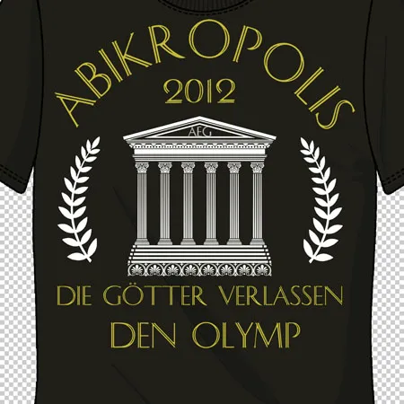 Schwarzes T-Shirt mit weißem Aufdruck einer antiken Säule, umgeben von Lorbeerzweigen und dem Text "ABIKROPOLIS 2012 - DIE GÖTTER VERLASSEN DEN OLYMP".