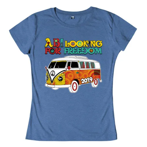 Bunter Vintage-Van mit "ABI LOOKING FOR FREEDOM 2019" Text darüber.