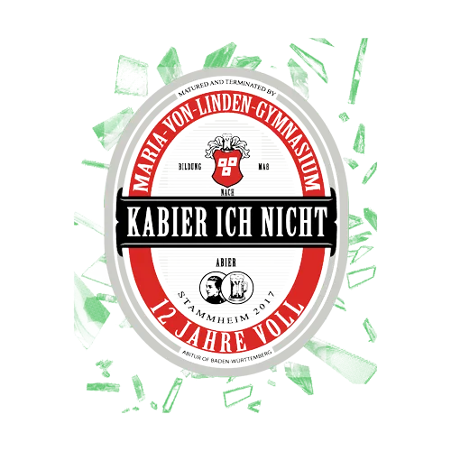 Runder Bierdeckel mit Logo des Maria von Linden-Gymnasiums und dem Text "Kabier ich nicht", umgeben von grünen Glassplittern.