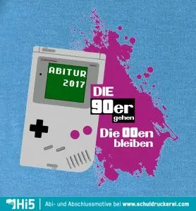 Grafik eines Retro-Handheld-Spielgeräts mit "Abitur 2017" auf dem Bildschirm, umgeben von pinkem Farbspritzer.