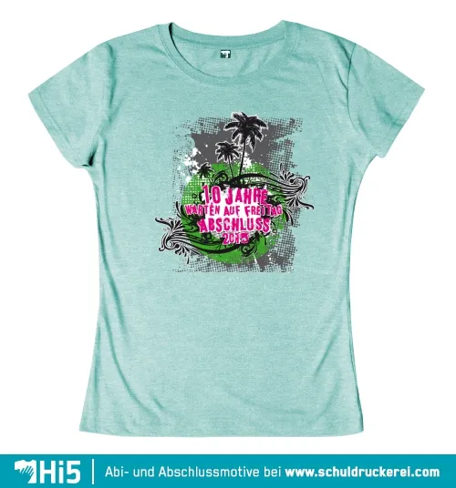 Grafik mit Palmen und Text "10 Jahre warten auf Freitag Abschluss 2015" auf türkisem Hintergrund.