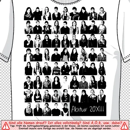 Gruppenfoto von Absolventen auf einem T-Shirt mit dem Text "Abitur 20XX" unter den Bildern.