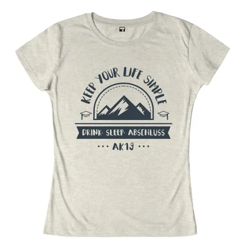 Grafik mit "KEEP YOUR LIFE SIMPLE", Bergen, Doktorhut und "DRINK. SLEEP. ABSCHLUSS".