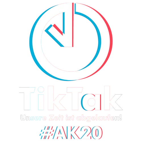 Rotes und blaues Grafikdesign mit Uhrsymbol und Text "TikTak Unsere Zeit ist abgelaufen! #AK20"