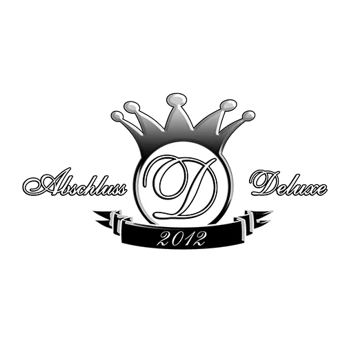 Grafik eines Abschlusslogos mit Krone, 'Abschluss Deluxe 2012' Schriftzug auf dunklem Hintergrund.