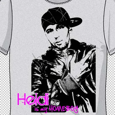 Grafik eines Mann in Kappe und Jacke auf einem T-Shirt, mit Text 'Heidi is my HOMEBOY'.