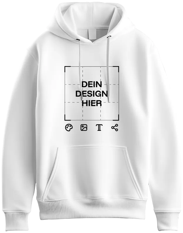 Weisser Kapuzenpullover mit quadratischem Rahmen mit Text Dein Design Hier und vier Symbolen Farbpalette Bild Buchstabe T Teilen